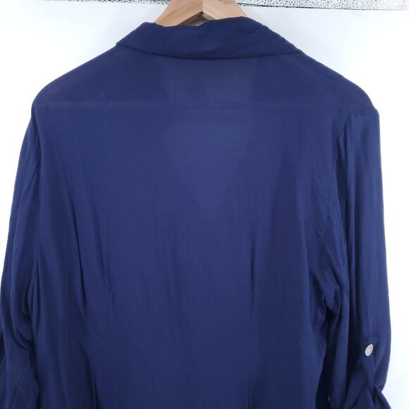 Soft Surroundings Women Assymetrical Ivory Button Down Wrap Roll Tab Sleeve| L - Picture 7 of 10